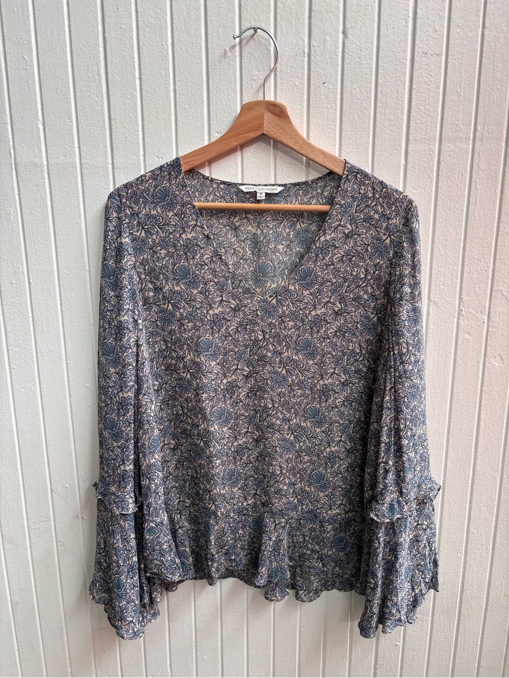 Rebecca Minkoff Slate Blue Floral V-Neck Ruffle Blouse